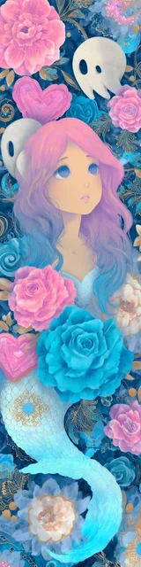 Free printable mermaid bookmark featuring blue tail mermaid with little ghosts